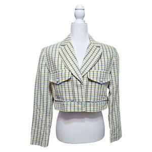 NWT ASOS yellow & blue short plaid cropped blazer with pearl accents size 8